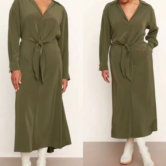 Vince NWT Long Sleeve Shaped Collar Tie-Front Maxi Dress Olive Size Large - Picture 1 of 14